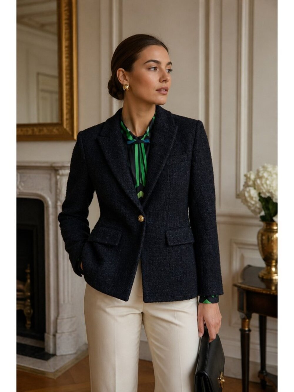 ZARA Black Tweed Blazer XS Tailored Jacket Gold Button Classic Chic Structured